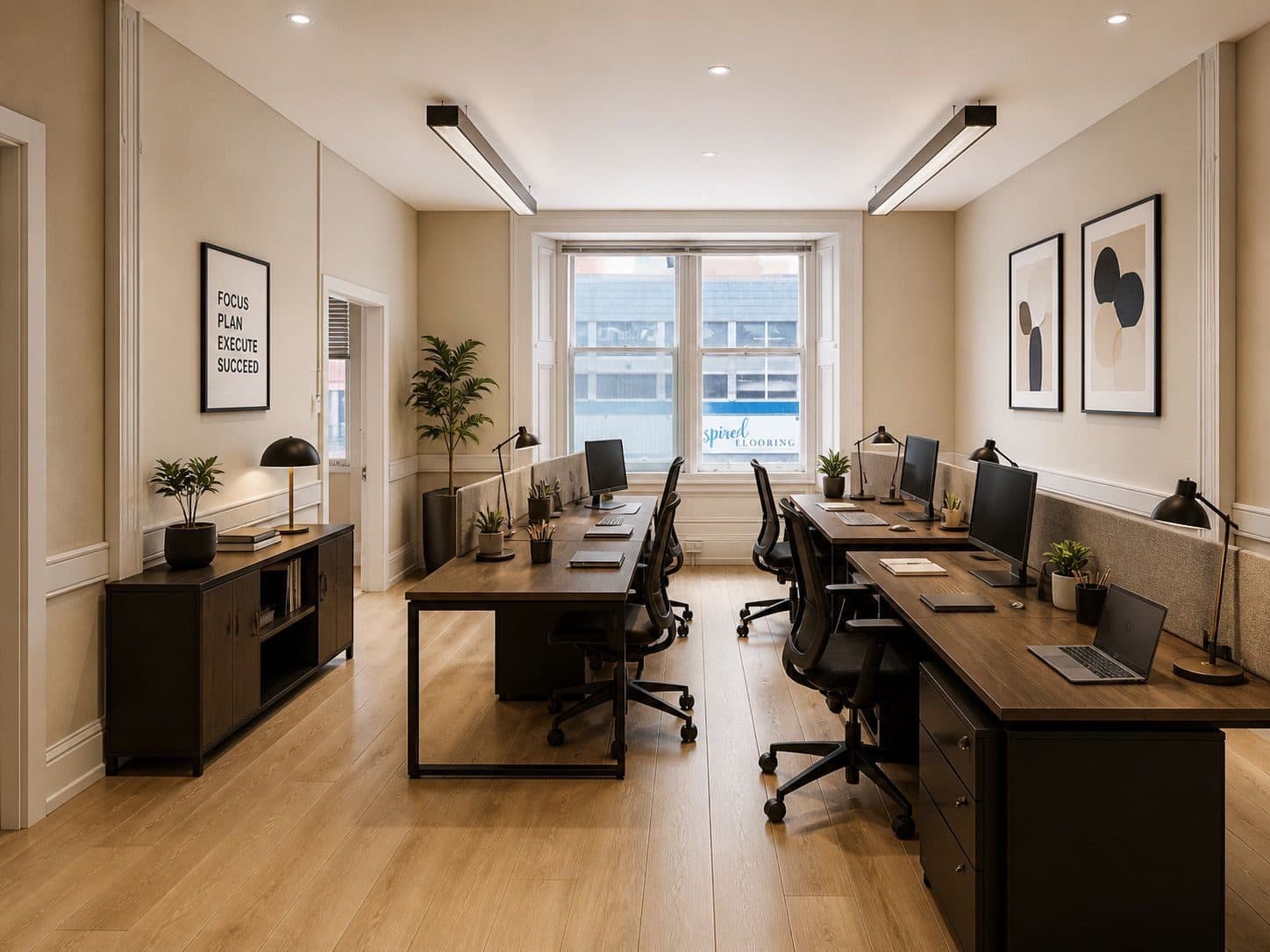 The finished coworking space with oak flooring, desks and task lighting