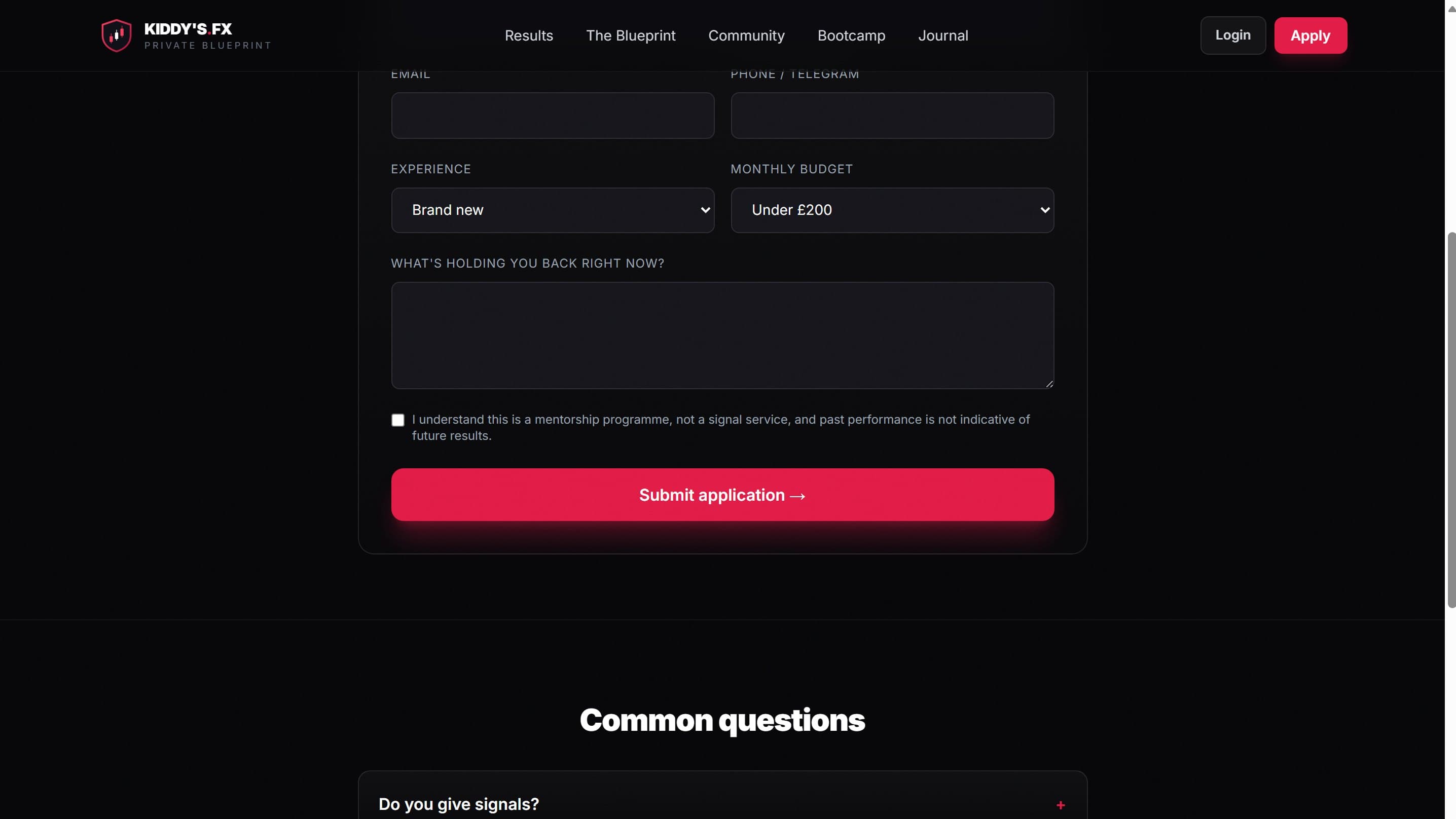The application form asking for trading experience and monthly budget before any price is shown