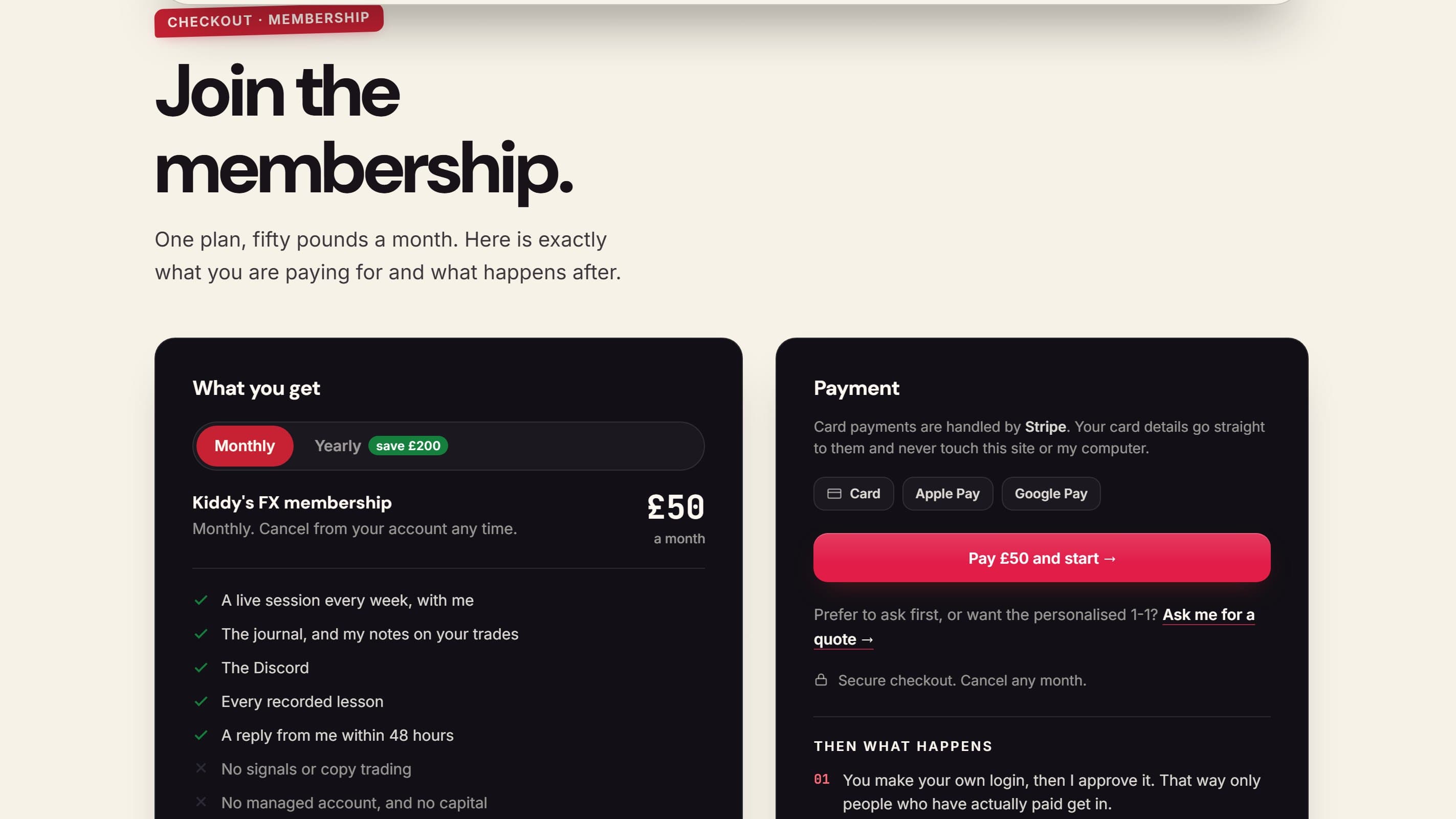 The checkout offering fifty pounds a month or a yearly plan, beside a Stripe payment panel with card, Apple Pay and Google Pay