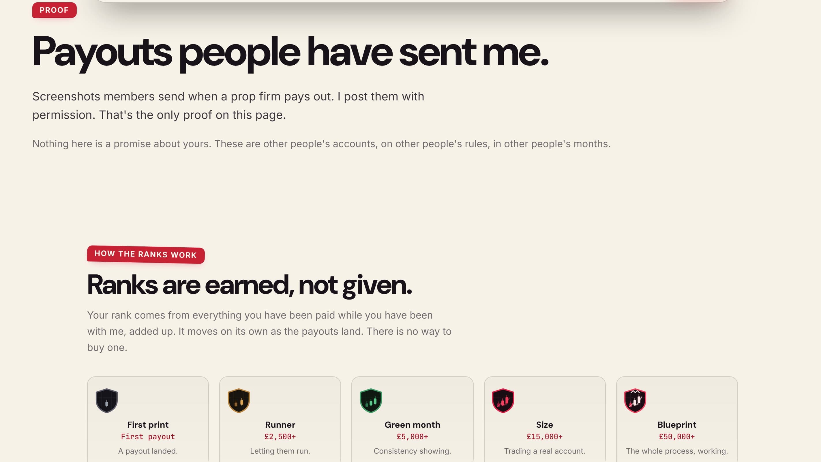 The payouts page headed 'Payouts people have sent me', with rank badges earned from total payouts